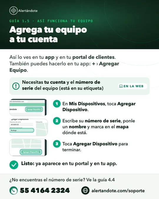 Ficha de la guía 1.5, Agrega tu equipo a tu cuenta, con sus pasos resumidos