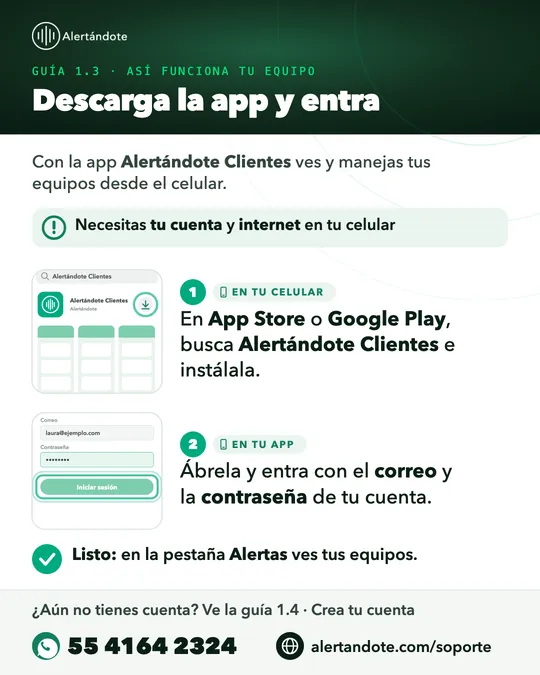 Ficha de la guía 1.3, Descarga la app y entra, con sus pasos resumidos