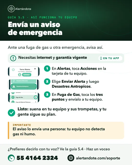 Ficha de la guía 5.5, Envía un aviso de emergencia, con sus pasos resumidos