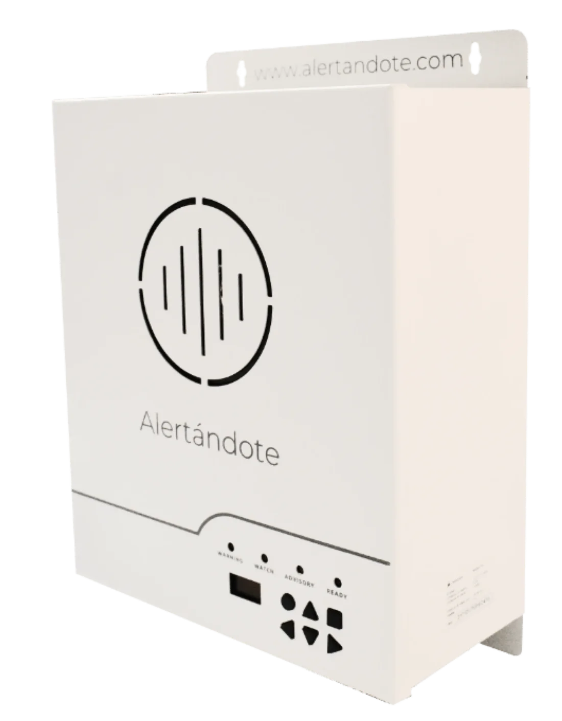 Equipo de alerta sísmica Alertándote PRO, gabinete blanco con bocina al frente y panel de luces y pantalla